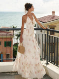 KYLETHOMASW  -  Flower Print Ruffles 2-Piece Set Women Halter Bandage v-Neck Backless Bows Backless Vest+Sweet Long Skirt Vacation Suits