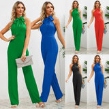 Kylethomasw High Quality  Summer Hot Selling Sexy Slim Fit Temperament Jumpsuit Sleeveless Stand Up Collar Bow Straight Leg Long Pants