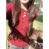 Kylethomasw Streetwear Hollow Solid Color Casual Long-sleeved Sweater Women Autumn New O-neck Lace-up Sexy Slim All-match Knitted Tops
