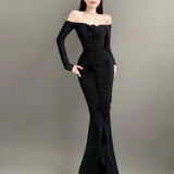 KYLETHOMASW  -  Pure Desire French One Word Shoulder Long Sleeved Dress Women Spring Chic Flower Pleated Temperament Thin Slim Dress