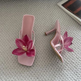KYLETHOMASW  -  New Fashion Flower Women Thin Heels Pumps Slides Shoes Female Flip flops Square Toe Ladies Heeled Sandals Shoes Big Size 43