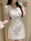 KYLETHOMASW  -  Summer French Elegant Lace Doll Collar Puff Sleeve Sheer Polka Dot Mesh Hollowout Slim Fit Two Piece Dress Women Daily Party