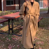 KYLETHOMASW  -    Women Elegant Long Woolen Coat with Belt Autumn Winter New Fashion Solid Lapel Long Sleeve Chic Outerwear Ladies Casual Overcoat