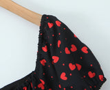 KYLETHOMASW  -  French Retro Black Print Bow Square Collar Short Elastic Puff Dress Women Zipper Back Slim Waist Slit Hem Mini Dresses Robe Blue