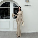 KYLETHOMASW  -  Pure Desire Deep V Neck New Mid-length Mujer Sexy Slim Waist Premium Spice Girls Dress Solid Personalized Ruched Trendy Vestidos