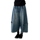 KYLETHOMASW  -  Casual Woman’ s Deep Blue Capri Pants Simple Design High Waist Slim Retro Style Loose Fit Jeans Trendy Women's Shorts