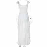 KYLETHOMASW  -  Fashion 2025 Summer White Ruffles Irregular Long Holiday Dress Fairy Women Sheer Mesh Sleeveless Vacation Beach Seaside Dress