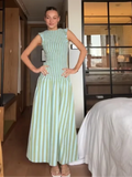 KYLETHOMASW  -  Elegance Sleeveless Striped Pleated Women Dress Slim A-line Flared Chic Robes 2025 Summer Party Vacation Female Maxi Dresses