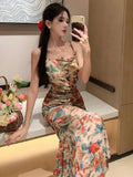 KYLETHOMASW  -  Women Dresses Sexy Oil Painting Floral Printed Sleeveless Slim Backless Mesh Patchwork Vintage Elegant Dress Party Female
