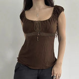 KYLETHOMASW  -  Drawstring square neck short sleeved T-shirt with women's lace patchwork design, high waist slim fit and slimming knit top