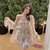 KYLETHOMASW  -  Women's Summer Floral Print Two-Piece Set Svel Waist-Cinching Sunscreen Cardigan And ter Dr Ensemble