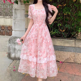 KYLETHOMASW  -  French tulip flower sweet temperament floral square neck long dress summer large size high waist thin gentle style dress
