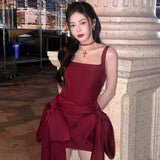 KYLETHOMASW  -  Bow Decoration Mini Dress Woman U Collar Backless Sleeveless Skinny Peach Hip Christmas Party Sweet Style Elegant Bodycon
