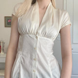 KYLETHOMASW  -  French Retro Satin A-line Shirt Chic Fashion Slimming Short Sleeve V-neck Blouses Office Ladies Elegant Top All-match