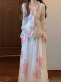 KYLETHOMASW  -  Elegant Floral Print Skirt Set Spring Ruffle V-Neck Lace-up Blouse+A-Line Midi Skirt Women Casual Holiday Two Piece Outfit 273A