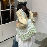 KYLETHOMASW  -  Kawaii Floral Bear Quilted Tote Bag Plaid Splicing Lace Decor Shoulder Bag Cartoon Large Capacity Women Casual School Handbag