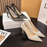KYLETHOMASW  -  Fashion Mesh Women's Pumps New Pointed Toe Stiletto Slip-on Stripe Totem Female Sandals Classics Shallow Summer Ladies Shoes