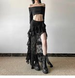 KYLETHOMASW  -  Women Skirt Chic High Waist Lace Layered Ruffle Asymmetric Slant Hem Skirt Daily Outdoor Stroll Fashion Summer New