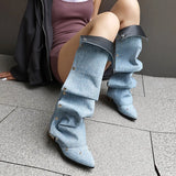 KYLETHOMASW  -  Women's Runway Denim Slouchy Boots Light Blue Chic Snap Fastener Boots Black Pearl Back Zip Modern Shoe Biggest Size 48
