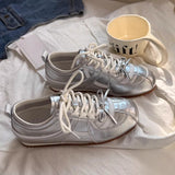 KYLETHOMASW  -  Women Sneakers Spring Summer New Leather Sweet Fashion Casual Flats Women Lace-up German Training Shoes Women Silver 321