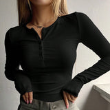 Kylethomasw -  Spring Crew Neck Button Rib Knit T-shirt Women Elegant Solid Slim Bodycon Top Pullover Autumn Long Sleeve Simple Bottoming Shirt