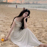 KYLETHOMASW  -  Casual White Solid Long Dresses Fairycore Slash Neck Inclined Shoulder Vestidos Summer Lace-up Ruched Trumpet Womens Dress