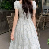 KYLETHOMASW  -  French Style Floral Women Dresses Puff Sleeve Vintage Summer Vestidos Mujer Fashion Elegant Square Neck Long Dress