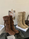 KYLETHOMASW  -  Brown Suede Boots Woman Round Toe Fall Winter Gothic Shoes Fashion Chunky Heels Knee High Boots Western Style Ladies Shoes