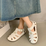 KYLETHOMASW  -  ONG Genuine Leather Hollow out Flat Roman Sandals Versatile Casual Cage oes mid Heel round Toe Summer Faion Women's oes