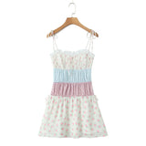 KYLETHOMASW  -  Holiday Women Contrast Color Floral Print Bow Lacing up Sling Dress Splice Lace Slash Collar Drawstring Low Waist Mini Robe