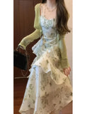 KYLETHOMASW  -  Elegant Floral Slim Waist Ruffles Camisole Cake Dress+ Summer Long Sleeve Cardigan Coat Women 2025 New Two Piece Sets