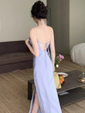 Kylethomasw -  Sexy Backless Chain Strap Women Dress Summer Elegant Swinging Collar Lady Slim Evening Party Clothing Fashion Stain Split Maxi