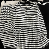 KYLETHOMASW  -  Fashion Striped Print Women's Casual Pyjama Set Spring/Autumn Y2K Simple O-Neck Pullover Top Long Sleeve Two-Piece Set Homewear