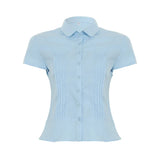 KYLETHOMASW  -  Solid Color Professional Women's Shirt Spring 2025 New V-Neck Pleated Girlish Age-Reducing Base Shirt Short Sleeve T-Shirt