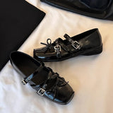 KYLETHOMASW  -  Women Rivet Decorated Ballet Flat Shoes with Bow Design Women Shoes with Square Toe Buckle Shallow Mouth Fashionable Loafers