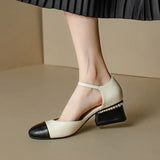 KYLETHOMASW  -  Women Sheepskin Leather Pumps Pearls Chunky Heels Shoes Brand Designer Two Tone Buckle Pumps Wedding Party Dressy Shoes