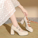 KYLETHOMASW  -  Shallow Mouth High Heel Leather Shoes Slip On Mary Jane Chunky Sandals Increasing Height Clogs for Women Lace-Up Navy Blue Pumps