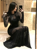 KYLETHOMASW  -  Sexy Mesh Maxi Dresses for Women Bodycon Long Sleeve Mermaid Evening Party Dress Prom Robe Black One Piece Vestidos Mujer New