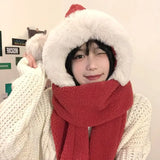 KYLETHOMASW  -    Red Christmas Gift Hat Scarf All in One Women Winter Hats Cute Plush Warm Ear Protection Neck Scarf Hat & Glove Sets 3PCS