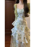 KYLETHOMASW  -  Elegant Floral Slim Waist Ruffles Camisole Cake Dress+ Summer Long Sleeve Cardigan Coat Women 2025 New Two Piece Sets