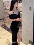 KYLETHOMASW  -  Light Luxury Fashion Black Neck Halter Dress for Women 2025 Summer New French Slim Fit Slit Long Skirt Showing Off Their Figure