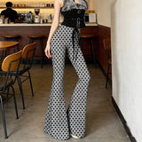 KYLETHOMASW  -  Y2K Pink Heart Print High Waist Flare Pants | Kawaii All-Over Love Bell Bottom Trousers | Barbiecore Aesthetic Summer Streetwear
