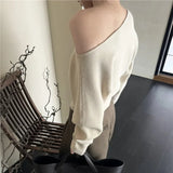 Kylethomasw Vintage Strapless Solid Color Casual Long-sleeved Sweater Women Autumn New Slant Collar Loose Button Pleated Knitted Tops