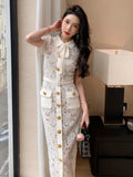 Kylethomasw Runway Summer Hollow Out Water Soluble Lace Dress Women's Short Sleeve Single Breasted Golden Button Belted Embroidery Vestidos