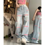 Kylethomasw Vintage Letters Embroidery Loose Washed Jeans Women Summer New High Waist All Match Casual Wide Leg Pants