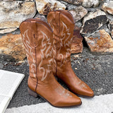 KYLETHOMASW  -  Autumn Winter Vintage Women Western Cowboy Boots Fashion Slip On Thick Heel Shoes Embroidery Knight Botas