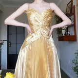 KYLETHOMASW  -  Golden Velvet Camisole Dress Women Spring Autumn Elegant Pleat Long Party Dress Luxury Diamond Vestidos Fashion 848P