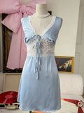 KYLETHOMASW  -  Woman Chic Casual Light Blue Satin Lace Mini Dress Sexy V-neck Tie Front Sleeveless Slip Dresses New Party Club Vestidos