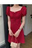 KYLETHOMASW  -  Women's Cleanfit A-Line Dress Summer 2025 Orange Bells Design Slimming Waist Square Collar Bubble Sleeve Fashionable Dress