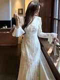 KYLETHOMASW  -  Elegant Party Dresses Woman Autumn Lace-up V-Neck Flare Sleeve Evening Party Long Dress Casual Vestidos Robe Female Clothing New